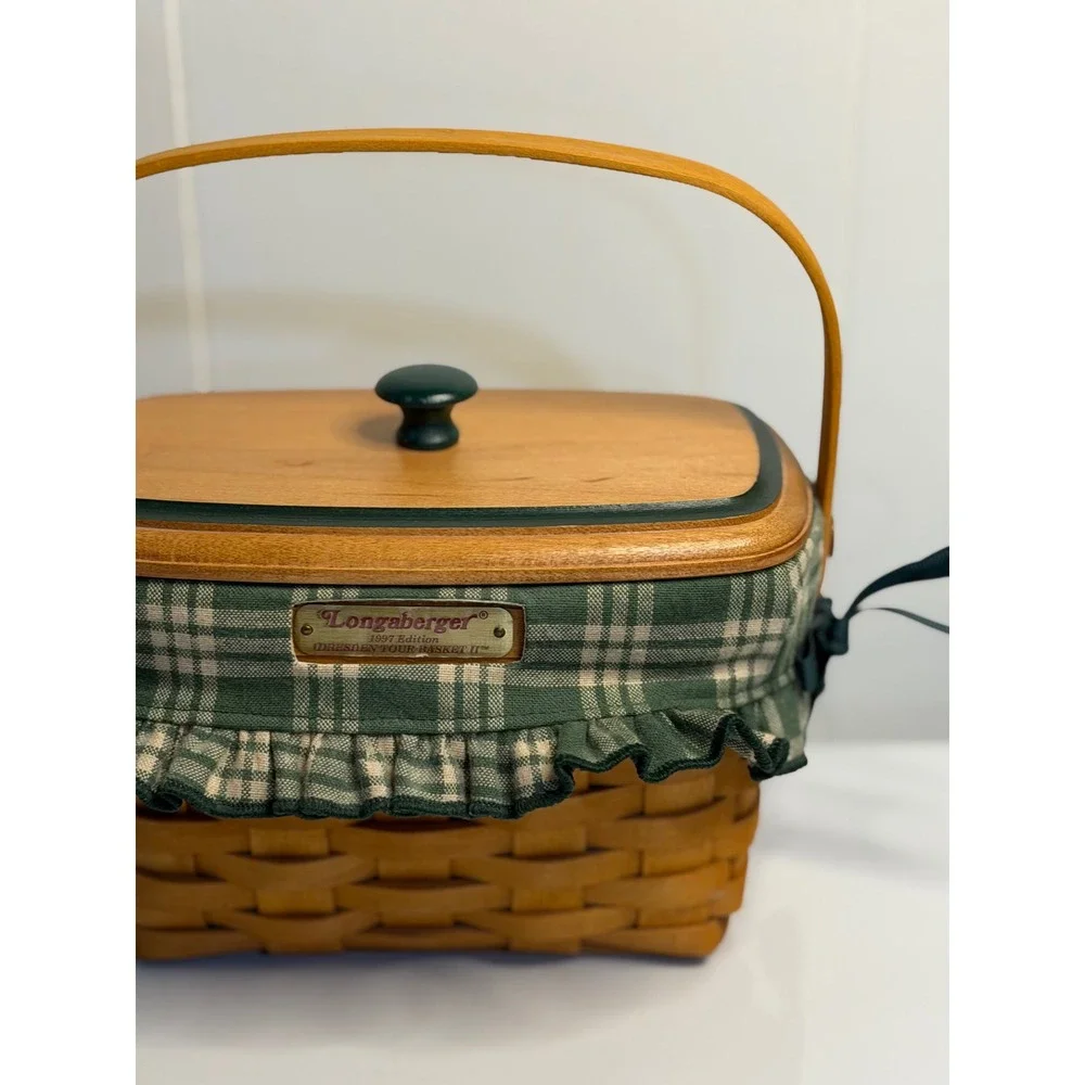 VTG Longaberger Dresden Tour Basket 1997 Brown Wood Lid Fabric Liner Protector